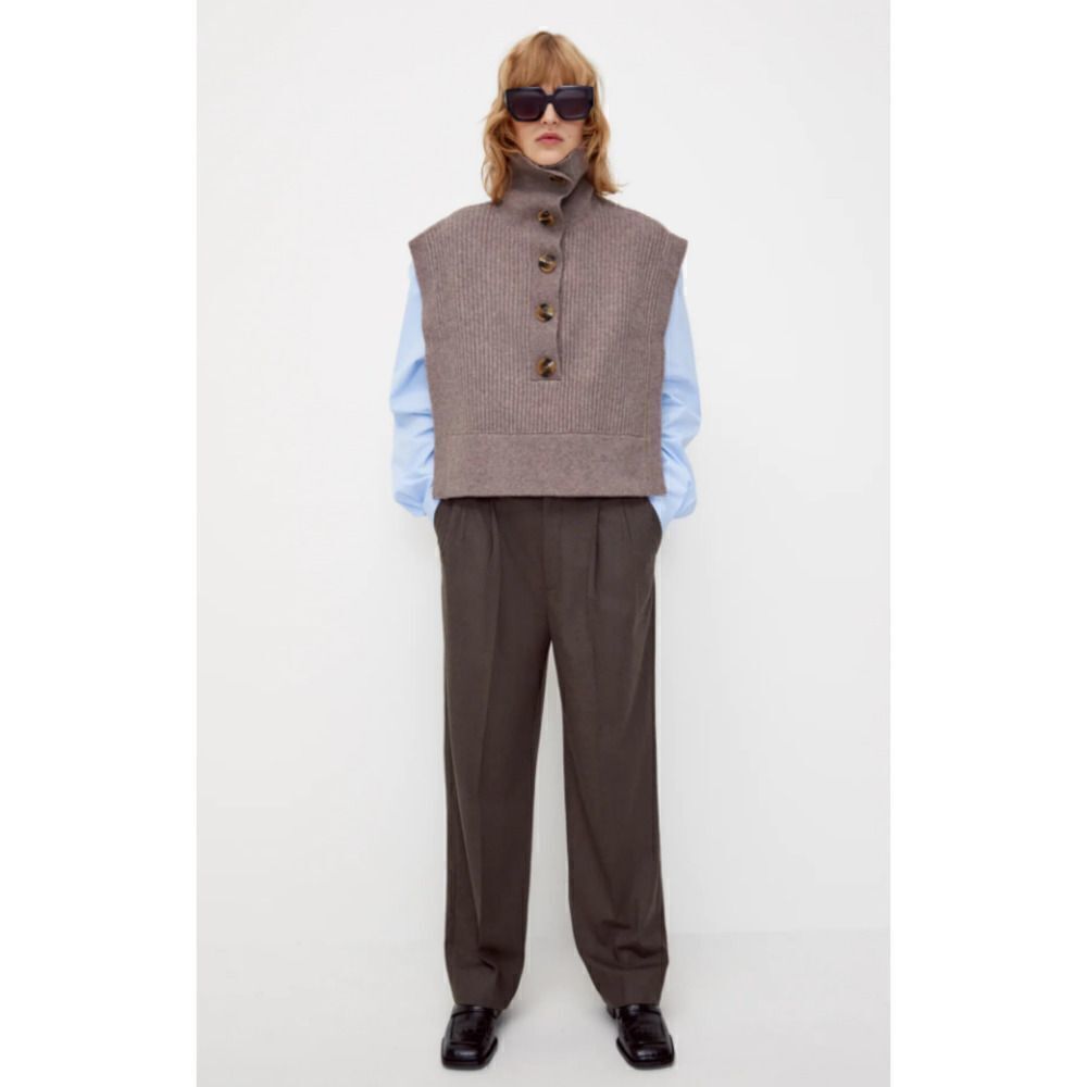 ZARA RIBBED KNIT VEST HIGH NECK BROWN BUTTONS